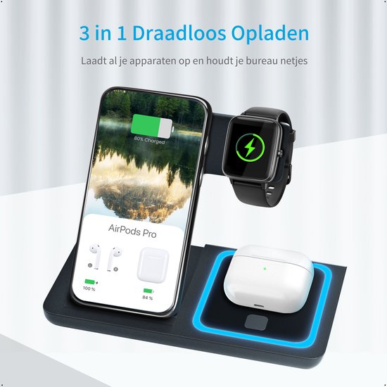 3-in-1 Wireless Charger -  Draadloze Oplader voor iOS, Android en Apple Watch - Avalue