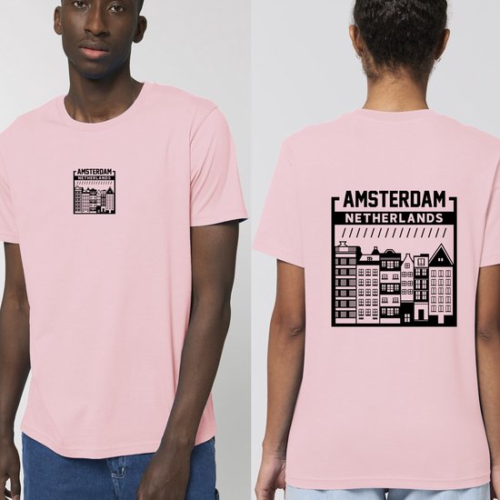 Heren en Dames T Shirt Amsterdam - Roze - Maat L