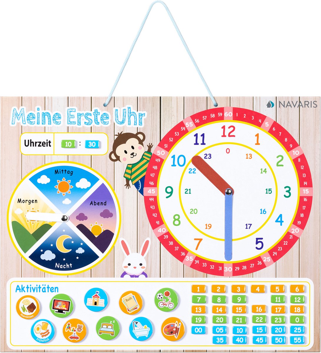Navaris beige magnetische kinderklok - Vroegtijdig leren - Educatieve kaart met de tijd van de dag voor kinderen - Kindermuurbord in het Duits