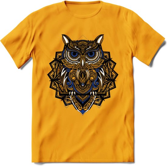 Uil - Dieren Mandala T-Shirt | Donkerblauw | Grappig Verjaardag Zentangle Dierenkop Cadeau Shirt | Dames - Heren - Unisex | Wildlife Tshirt Kleding Kado | - Geel - XXL