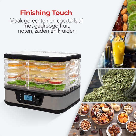 KitchenBrothers voedseldroger met fruit, noten en kruiden. Tekst: Finishing Touch, Maak gerechten en cocktails af met gedroogd fruit.