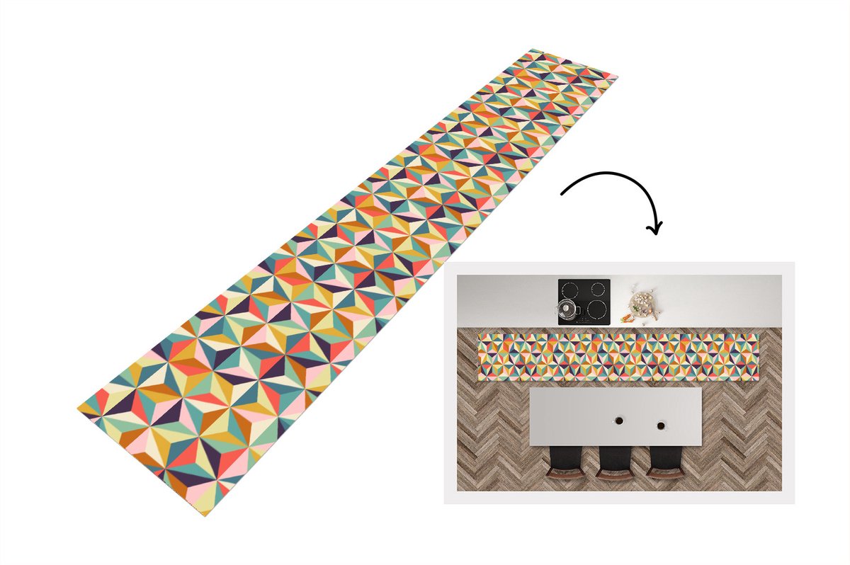 KitchenYeah Keukenloper - Keukenmat - Retro - Regenboog - 3D - Geometrie - Driehoek - 360x60 cm - Keuken vloerkleed Multicolor