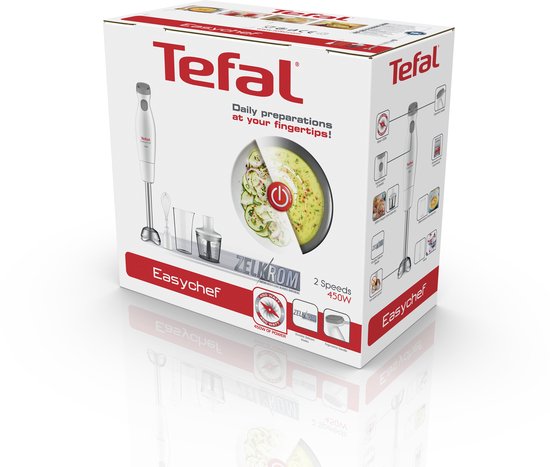 Tefal Easychef HB4531 - Staafmixer - Inclusief Mengbeker, Hakaccessoire en Garde - Turbo Stand - Compact - Wit/Grijs - 450W