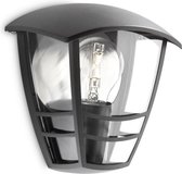 Zwarte wandlamp met gebogen kap en helder glas, met zichtbare gloeilamp.