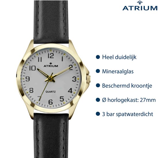 Montre dorée avec cadran blanc, bracelet en cuir noir et boîtier doré. "Très lisible".