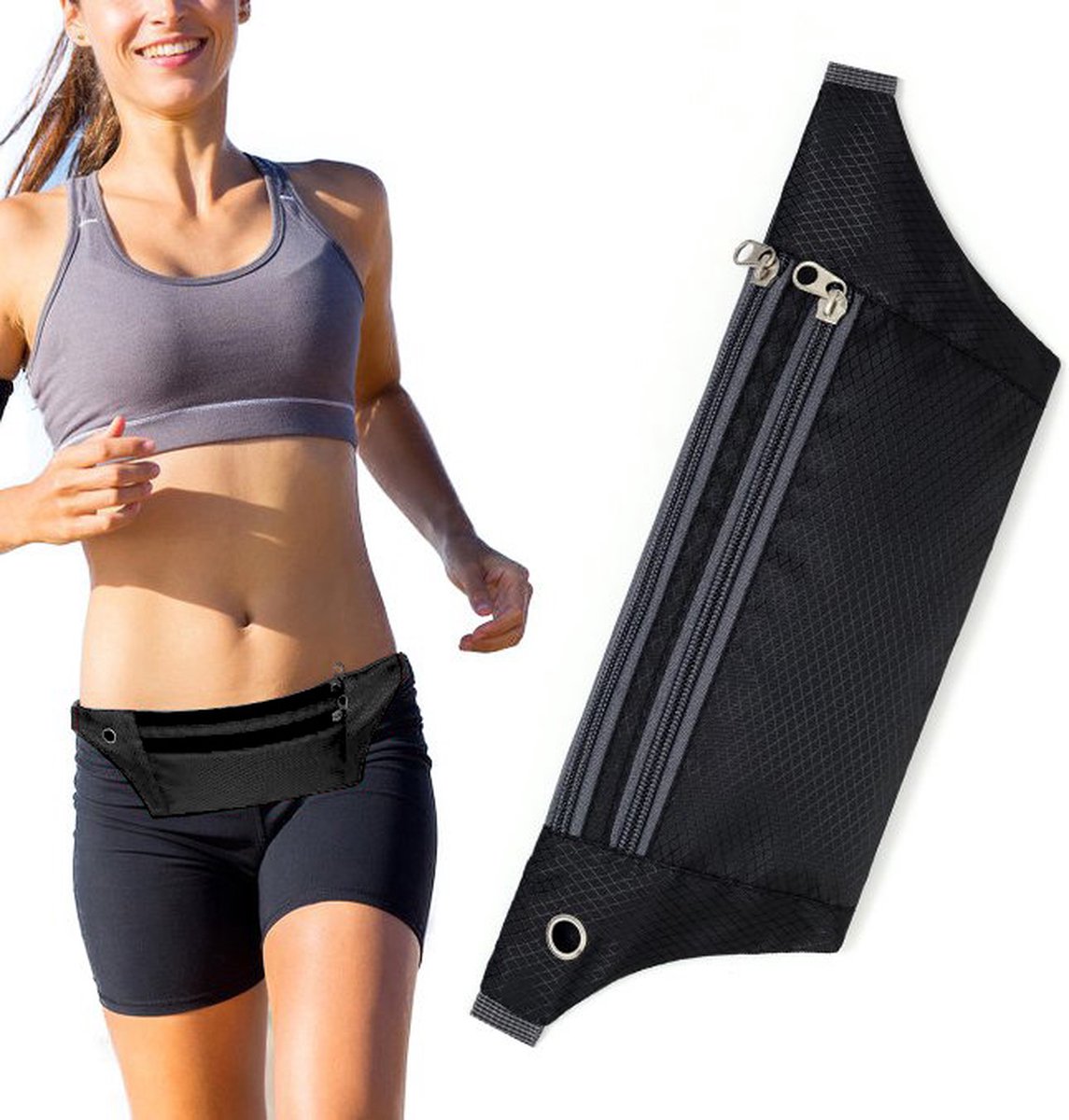 Peachy Sport Heuptas / Fannypack voor Hardlopen - Verstelbare Buiktas met 3 Vakken & Oortjes Opening - Veilige Telefoonhouder voor Sport, Fietsen & Hiking - Zwart