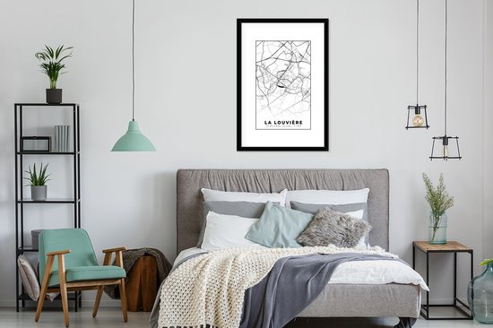 Cadre photo avec Poster Zwart Wit- België - La Louvière - Plan de ville - Carte - Zwart Wit - Carte - 60x90 cm - Cadre pour poster