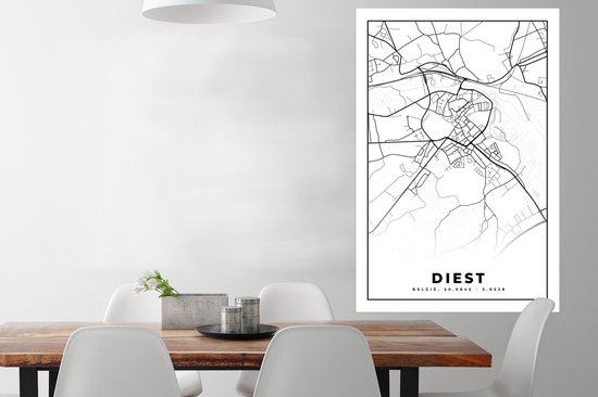 Poster Carte – Plan d'étage – Plan de ville – Diest – België – Zwart Wit - 80x120 cm