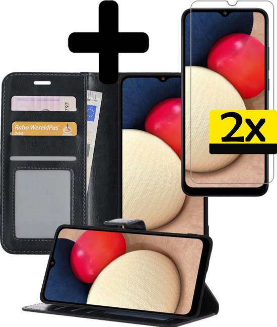 Étui livre noir, coque de téléphone et 2 protections d'écran pour Samsung Galaxy A03s.