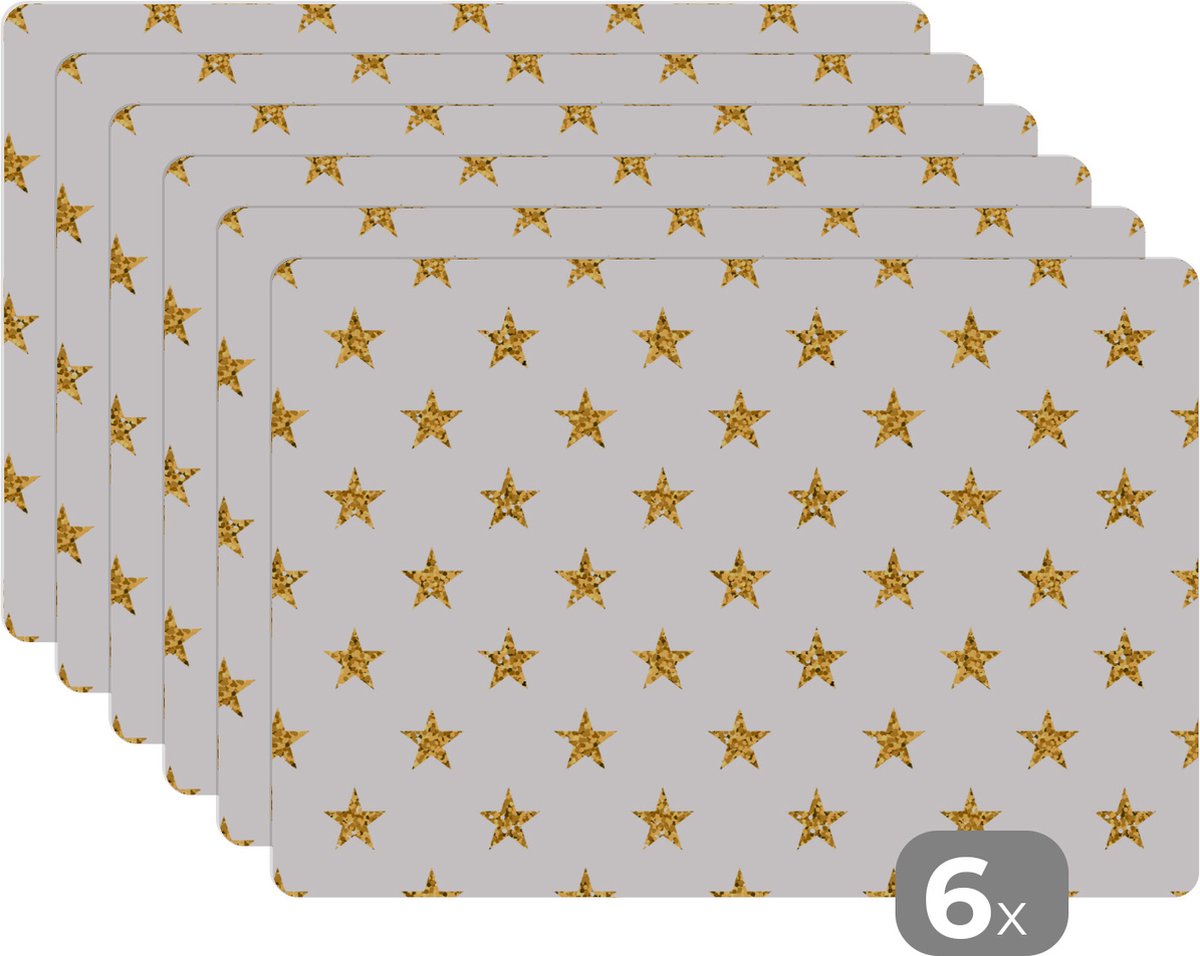 Placemat - Placemats kunststof - Sterren - Glitter - Goud - Design - Kerst - 45x30 cm - 6 stuks - Hittebestendig - Anti-Slip - Onderlegger - Afneembaar