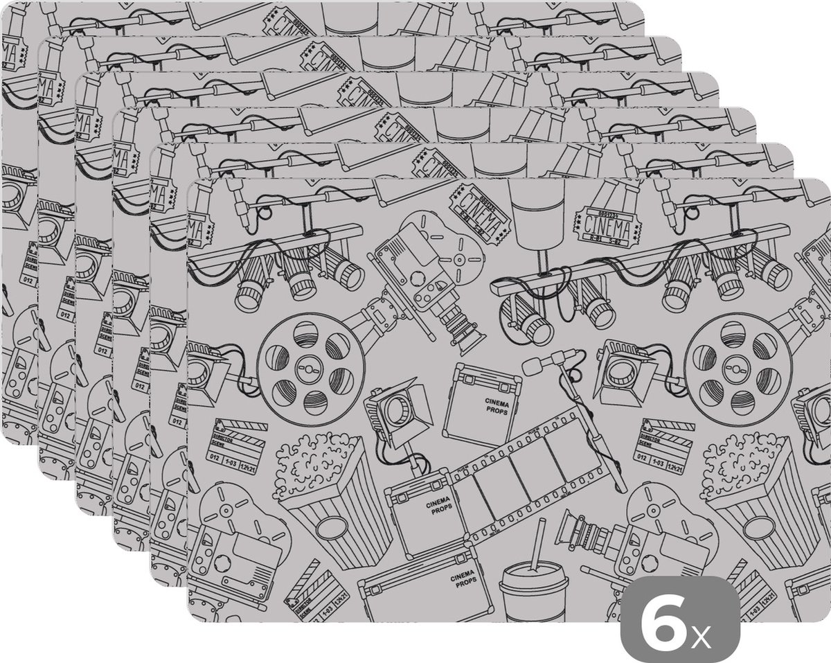 Placemat - Placemats kunststof - Film - TV - Patroon - 45x30 cm - 6 stuks - Hittebestendig - Anti-Slip - Onderlegger - Afneembaar