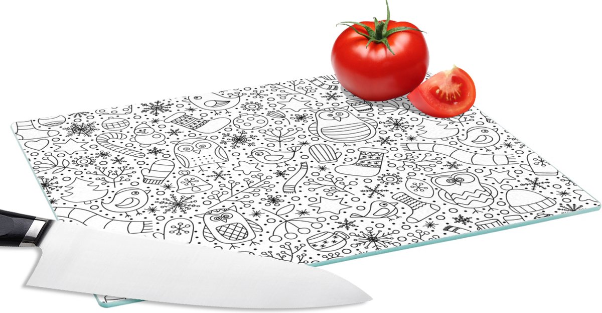 Glazen Snijplank - 28x20 - Design - Winter - Zwart - Wit - Kerst - Snijplanken Glas