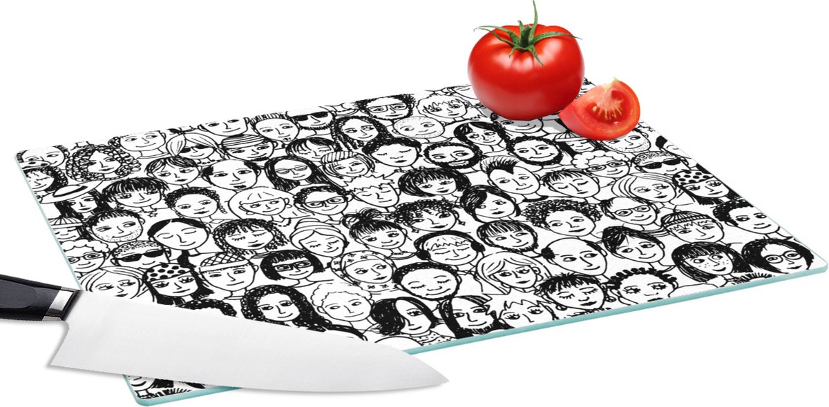 Glazen Snijplank - 39x28 - Patronen - Gezicht - Zwart Wit - Snijplanken Glas