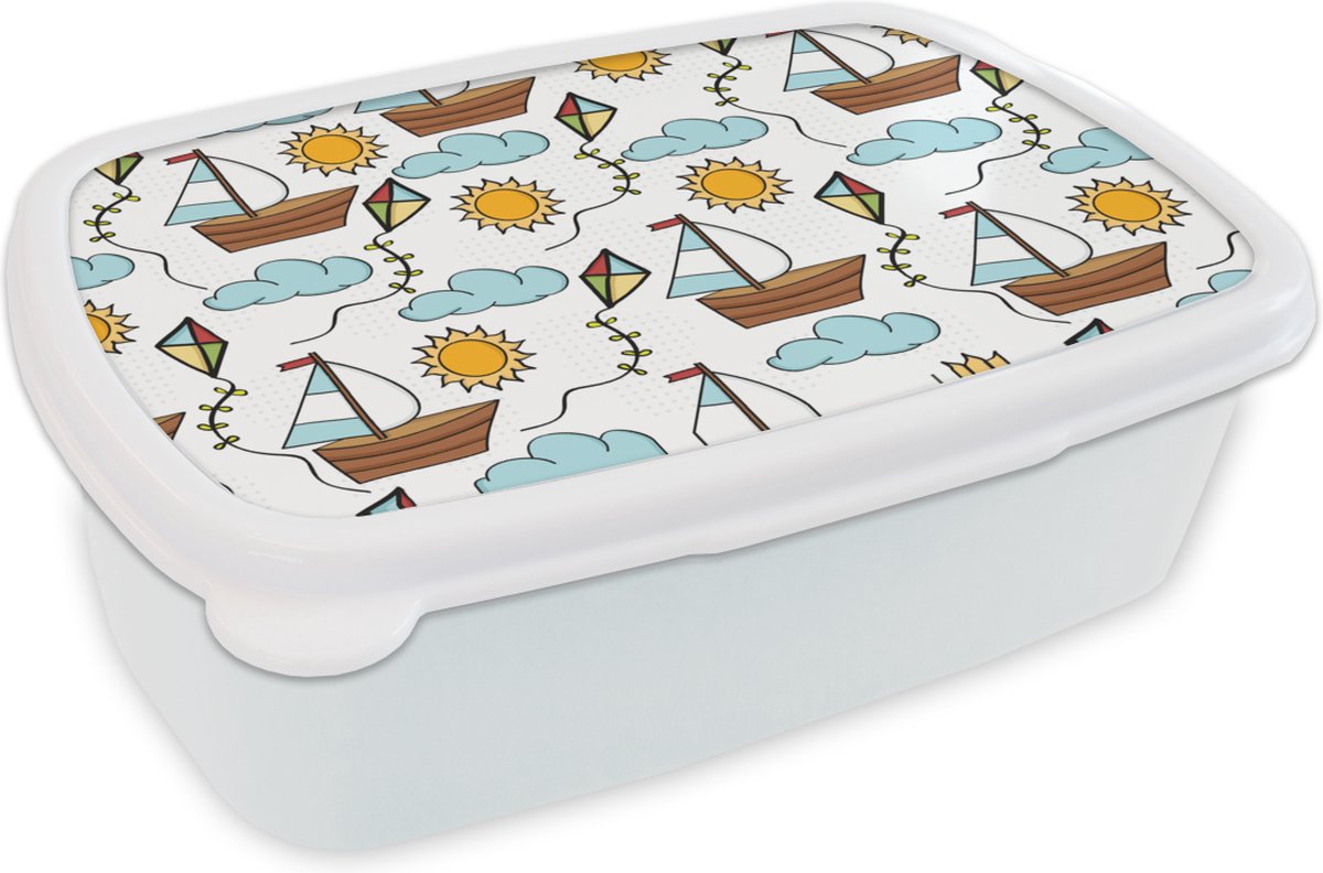 Broodtrommel Wit - Lunchbox - Brooddoos - Vlieger - Zomer - Boot - Patroon - 18x12x6 cm - Volwassenen