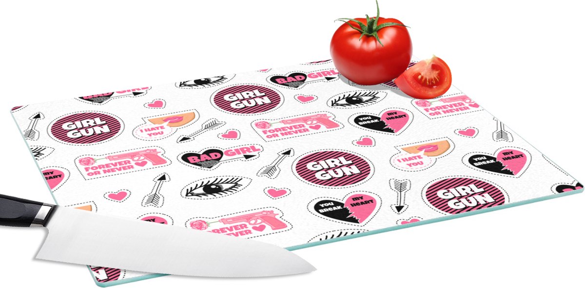 Glazen Snijplank - 39x28 - Meisjes - Roze - Hartjes - Design - Snijplanken Glas