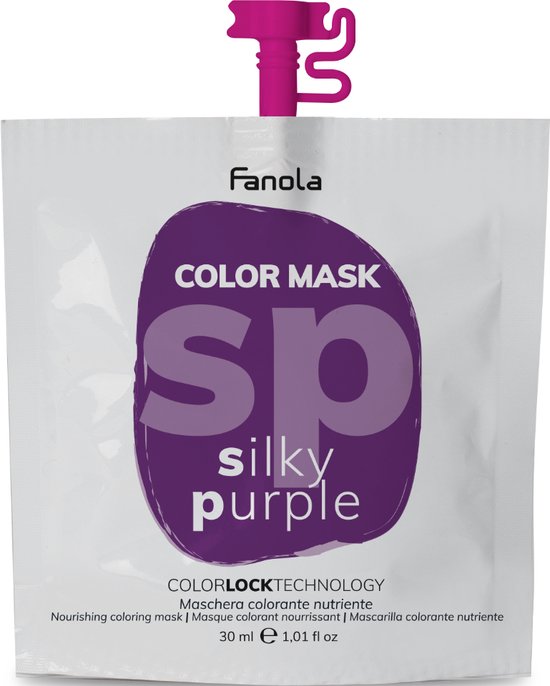 Fanola Color Mask "sp silky purple" in een witte sachet met paarse letters en een fuchsia clip.