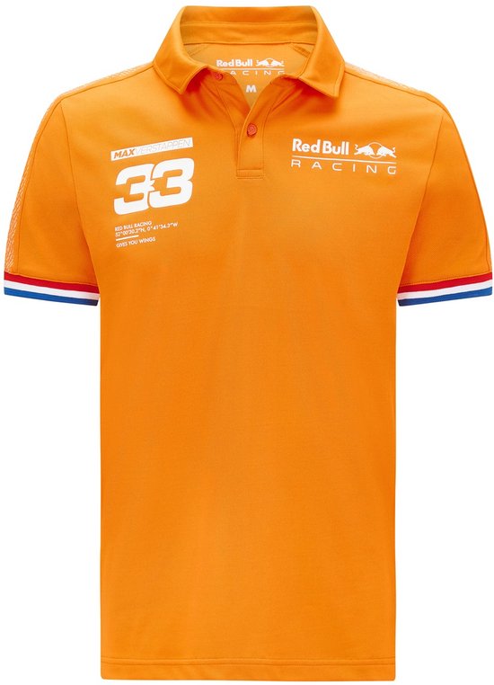 Oranje sportpolo met 'MAXVERSTAPPEN 33' en Red Bull Racing logo op de borst. Witte, rode en blauwe strepen op de mouwen.