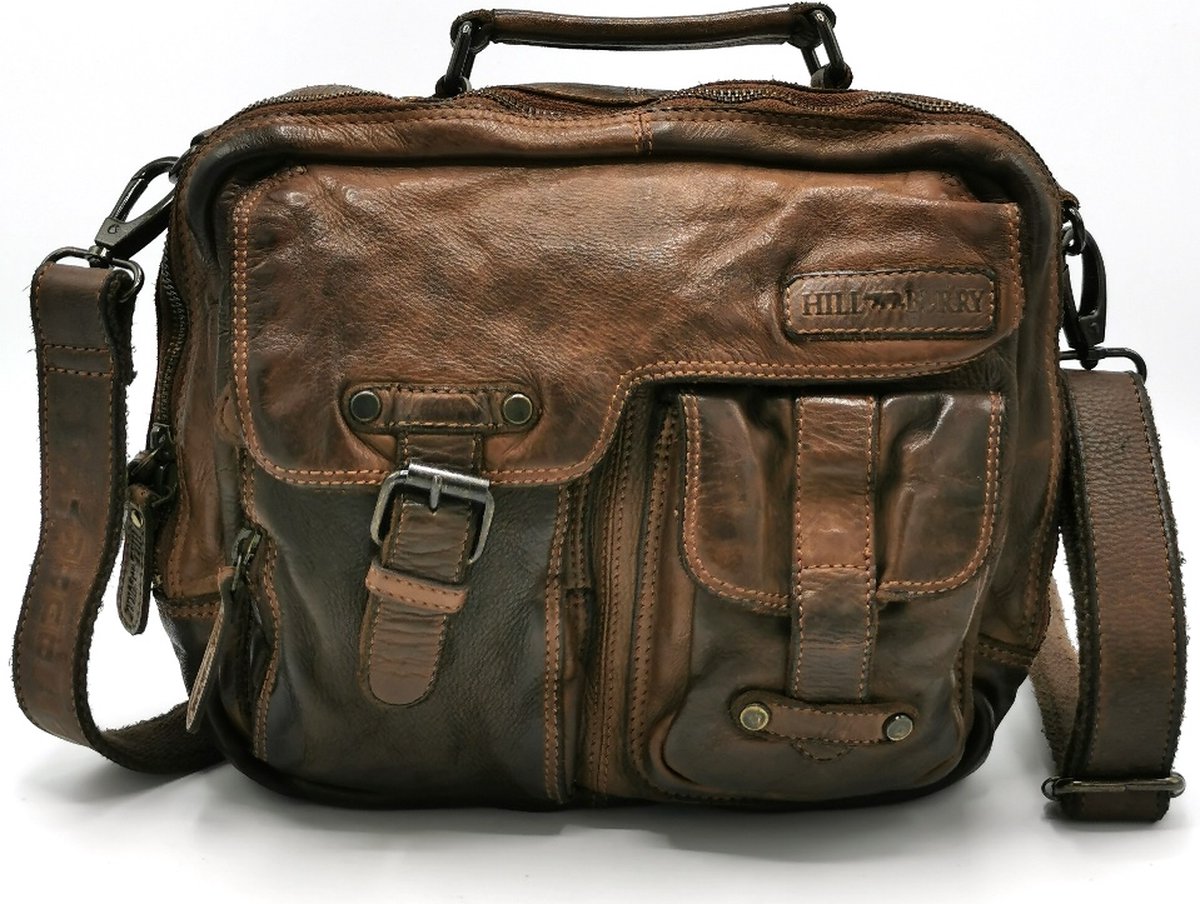 HillBurry Stoere Uniseks Tas Gewassen Leer Vintage Look chocobruin - 6215/W - Soepel en Sterk Kwaliteitsleer - (bxhxd) 27 cm x 22,5 cm x 6,5 cm