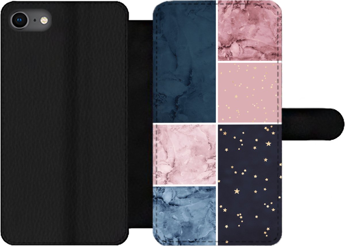 Bookcase Geschikt voor iPhone SE 2020 telefoonhoesje - Marmer print - Roze - Blauw - Met vakjes - Wallet case met magneetsluiting
