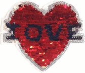 Reversible Pailletten Roze Hart Met Love Tekst Strijk Embleem Patch 11,5 x 10 cm
