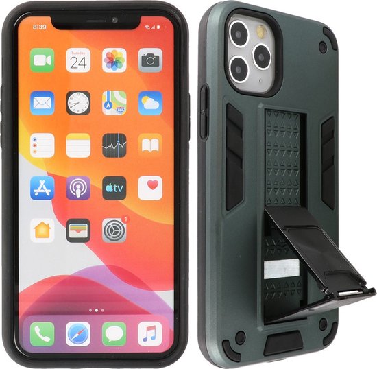 Étui pour téléphone antichoc avec support - Étui rigide pour support magnétique - Couverture arrière du support de poignée - Étui pour iPhone 11 Pro Max - Vert foncé