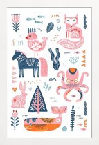 JUNIQE - Poster in houten lijst Patchwork Animals -30x45 /Roze & Wit