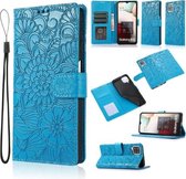 Voor Samsung Galaxy A12 Huid Voelen Reliëf Zonnebloem Horizontale Flip Lederen Case met Houder & Kaartsleuven & Portemonnee & Lanyard (Blauw)