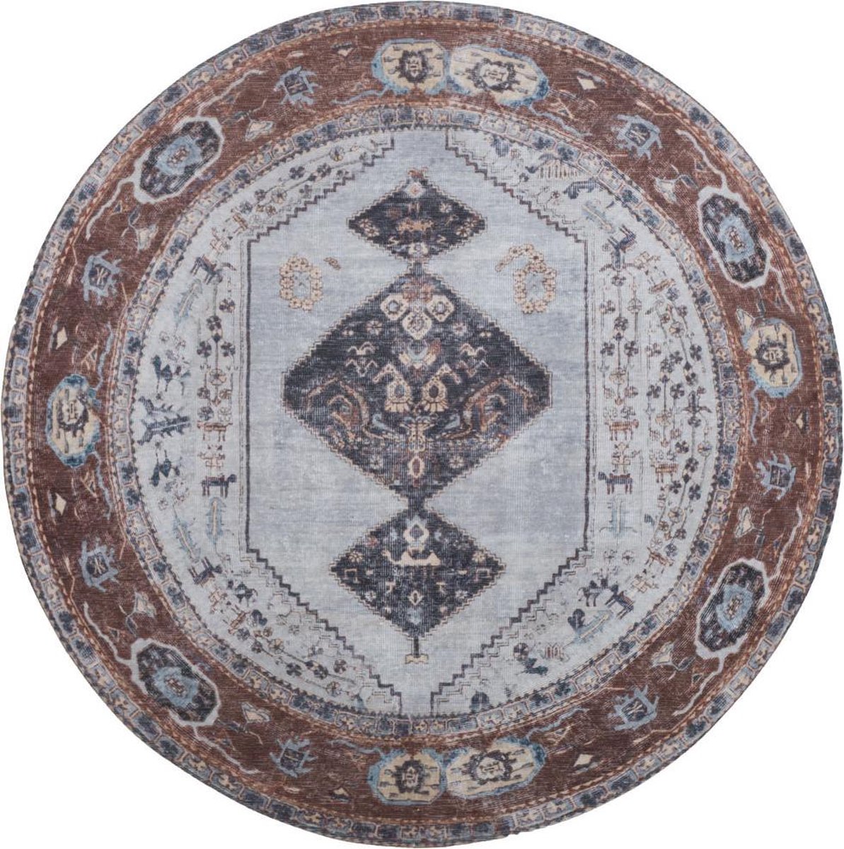 Veer Carpets Vloerkleed Karaca Antraciet/Brown 09 Rond ø160 cm - Laagpolig Vloerkleed – Vintage / Klassiek Design