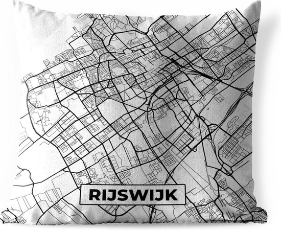 Sierkussen Buiten - Kaart - Rijswijk - Zwart - Wit - 60x60 cm - Weerbestendig