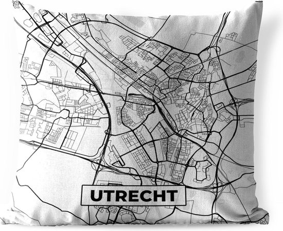 Sierkussen Buiten - Kaart - Utrecht - Zwart - Wit - 60x60 cm - Weerbestendig
