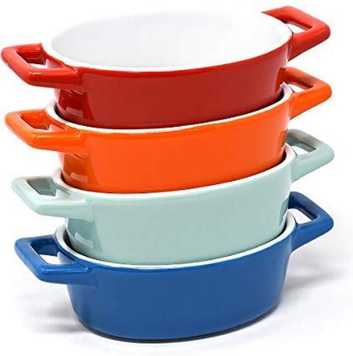 Joeji's Kitchen Set van 4 Mini Rechthoekige Keramische Kookplaten | Ideaal voor de ovenschaal, de lasagneschaal, de kleine gratinschaal | Kleine ovenschaal in blauw, lichtblauw / groenachtig, rood, oranje