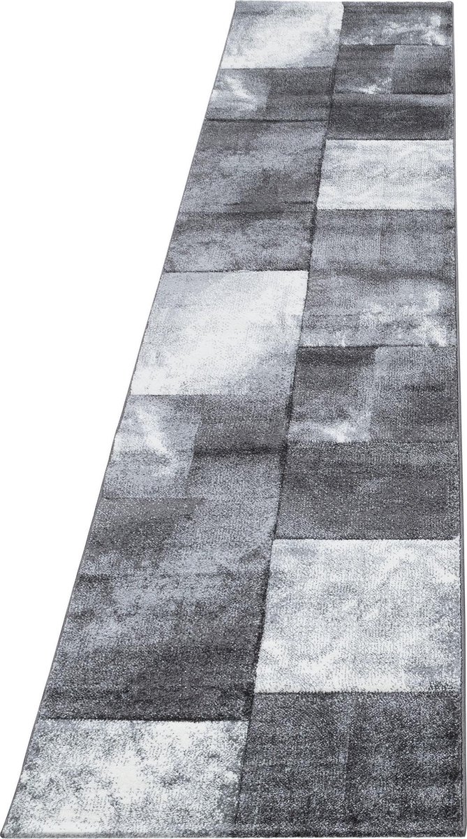Ayyildiz Laagpolig vloerkleed met ruitpatroon, grijs, geschikt voor de woonkamer, met een jute achterkant, afmetingen: 80 x 300 cm