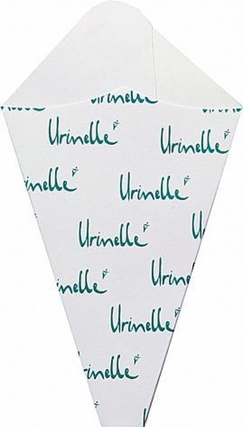 Urinelle plasgootje voor vrouwen, wit met een herhalende groene 'Urinelle' print.