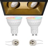Mi-Light MiBoxer - LED Spot Set GU10 - Smart LED - Wifi LED - Slimme LED - 4W - RGB+CCT - Aanpasbare Kleur - Dimbaar - Primux Zano Pro - Inbouw Rechthoek Dubbel - Mat Zwart/Goud - Kantelbaar 