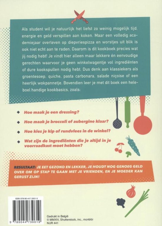 Achterkant kookboek "Basis Kookboek voor studenten" met beschrijving, recepten en illustraties.
