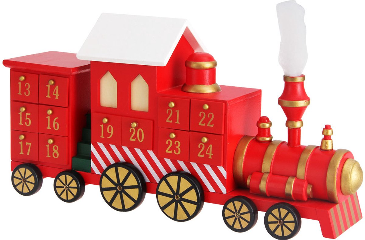 Spielwerk Adventskalender Locomotief - 24 Lades Hout 42x23x11cm - Rood