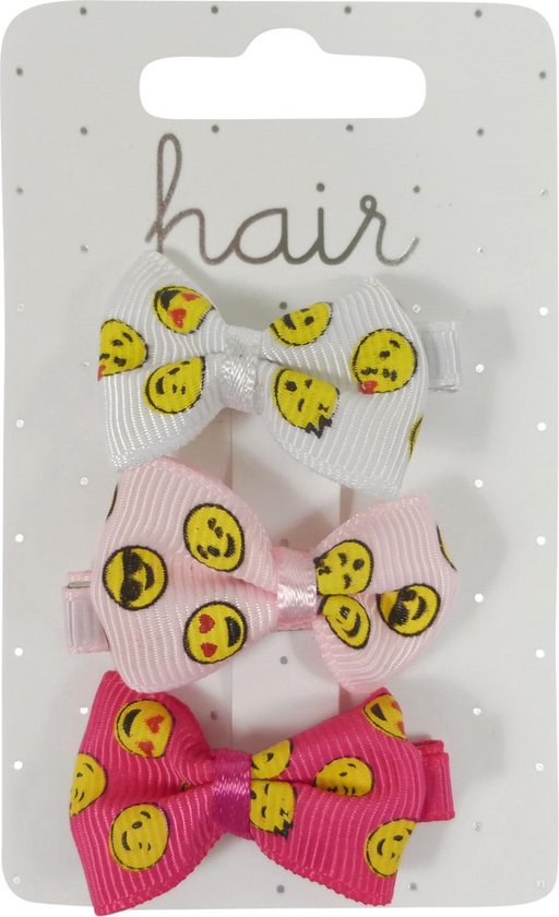 Haarspeldjes duckclip 4.0cm Strikje met Emojis - Wit/Roze/Fuchsia - 3 stuks