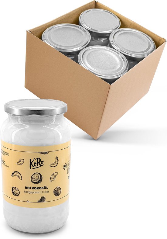 Glazen pot Koro Bio kokosolie, met een open kartonnen doos met vier potten op de achtergrond.