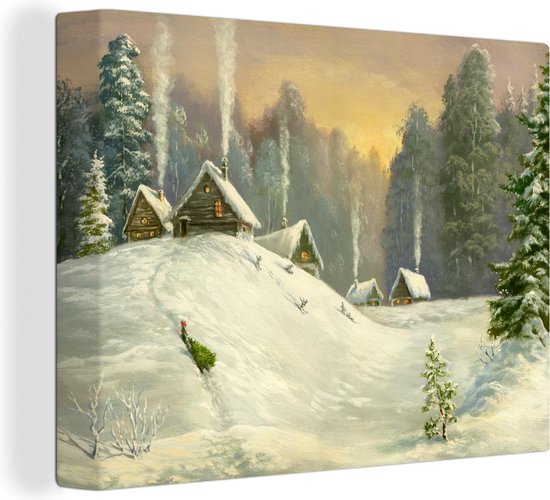 Canvas Schilderij Winter - Landschap - Huis - Bos - 40x30 cm - Wanddecoratie