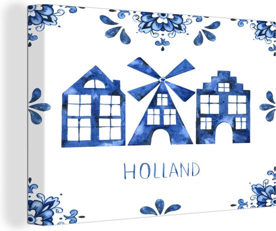 Canvas Schilderij Delfts blauw - Windmolen - Huis - Wanddecoratie