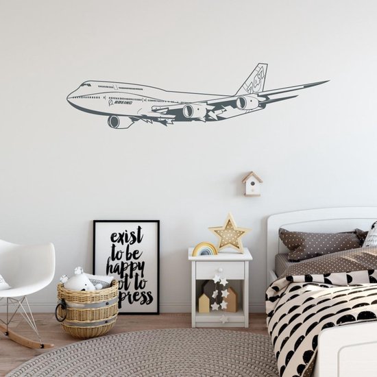 Muursticker Vliegtuig 747 - Donkergrijs - 120 x 30 cm - baby en kinderkamer - voertuig baby en kinderkamer alle