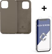 Coverzs Luxe Liquid Silicone case geschikt voor Apple iPhone 12 / 12 Pro - grijs + glazen Screen Protector