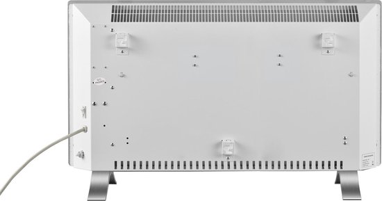 Achterkant van witte elektrische kachel met zilveren pootjes en ventilatieroosters.