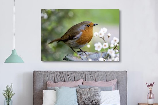 Canvas schilderij 180x120 cm - Wanddecoratie Roodborstje - Bloemen - Tak - Muurdecoratie woonkamer - Slaapkamer decoratie - Kamer accessoires - Schilderijen