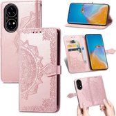 Voor Huawei P50 Mandala Bloem Reliëf Horizontale Flip Lederen Case met Beugel / Kaartsleuf / Portemonnee / Lanyard (Rose Goud)