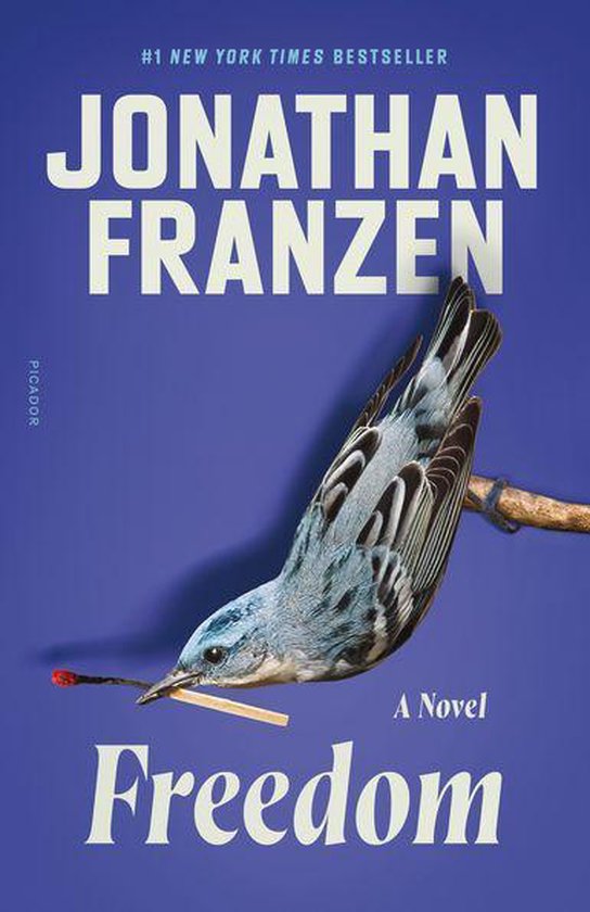 Boek "Freedom" van Jonathan Franzen met een vogel die een lucifer vasthoudt, tegen een blauwe achtergrond.