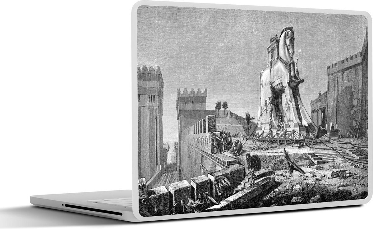 Afbeelding van product SleevesAndCases  Laptop sticker - 14 inch - Een vintage zwart-wit tekening van het Trojaanse Paard