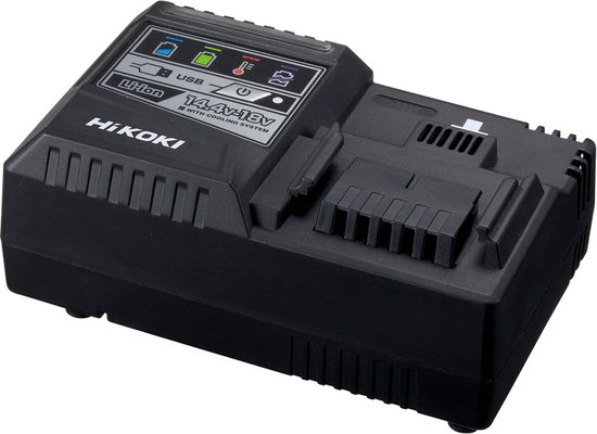 Zwarte HiKOKI acculader, 14.4-18V, met USB en koelsysteem, met statusindicatoren.