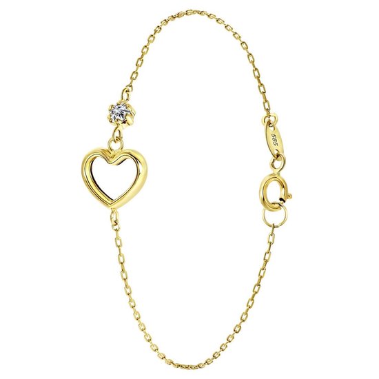 Lucardi Dames Armband hart en zirkonia - 14 karaat goud - Armband - Cadeau - Moederdag - 18 cm - Geelgoud