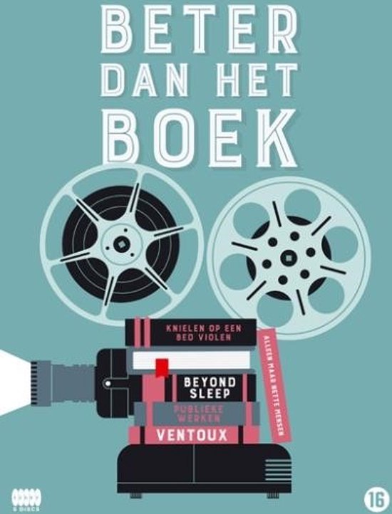 Poster met de tekst 'Beter dan het boek'. Twee filmrollen boven een stapel boeken die lijken op een bioscoop projector.